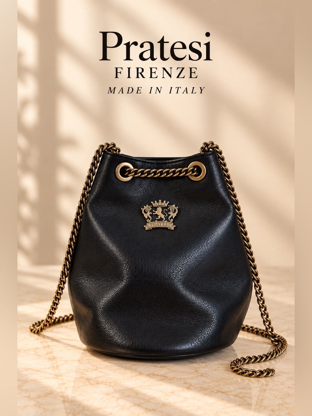 Pratesi Firenze Bruce Black Leather Mini Bucket Crossbody Bag NWOT
